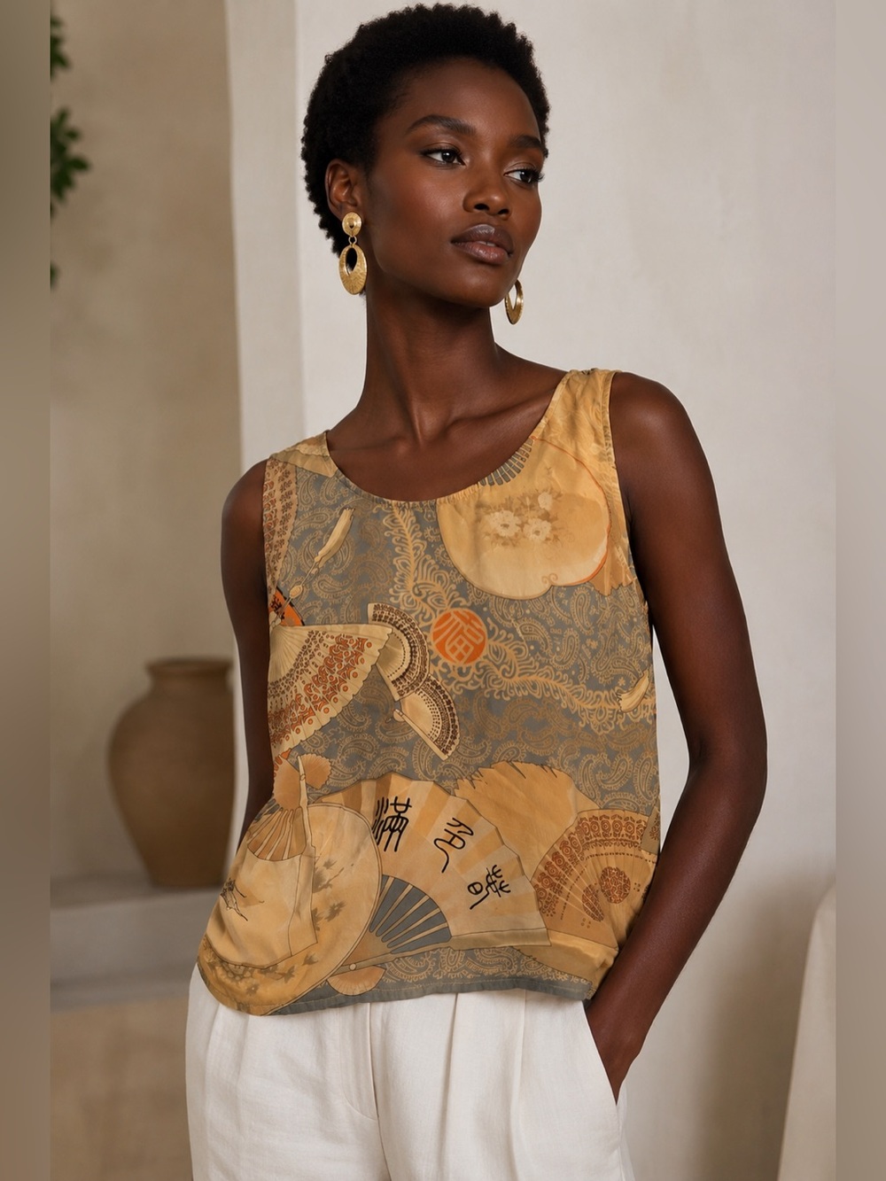 Vintage CITRON Santa Monica 100% Silk Asian Fan Print Sleeveless Top Blouse L